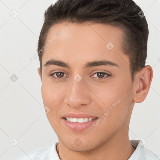 Joyful white young-adult female with short  brown hair and brown eyes