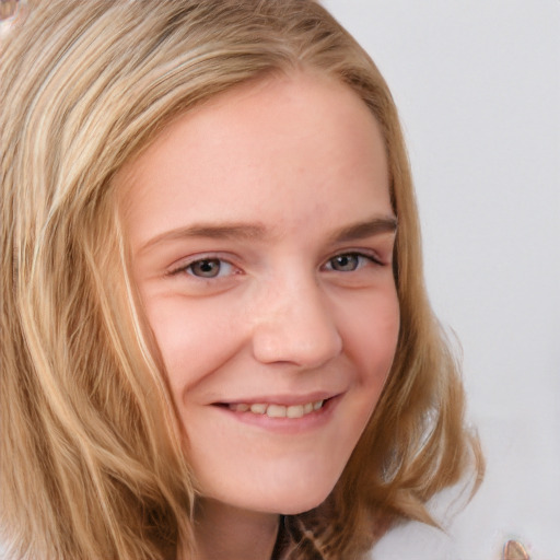 Joyful white young-adult female with long  brown hair and blue eyes