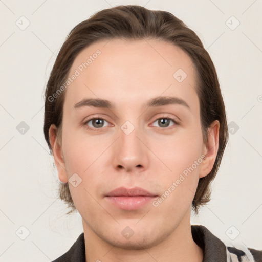 Neutral white young-adult male with medium  brown hair and grey eyes