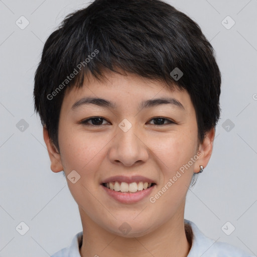 Joyful asian young-adult female with short  brown hair and brown eyes