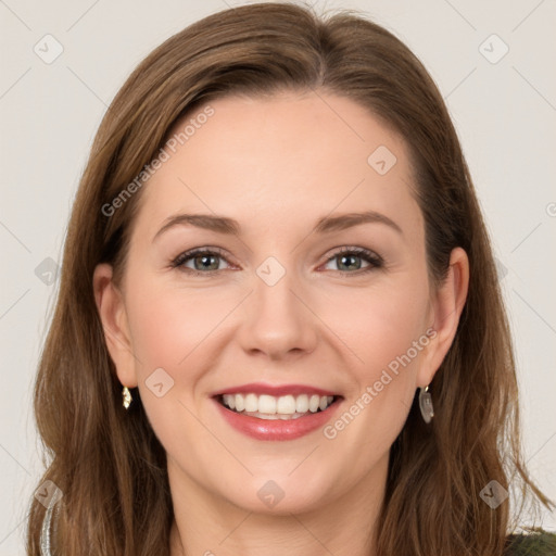 Joyful white young-adult female with long  brown hair and green eyes