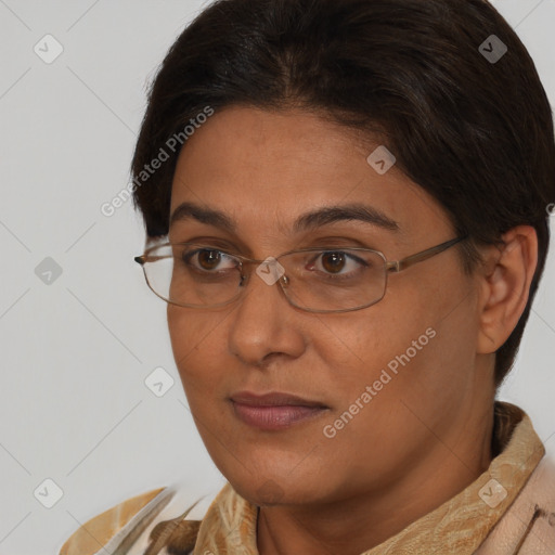 Joyful white adult female with short  brown hair and brown eyes