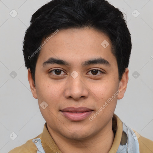 Joyful latino young-adult male with short  black hair and brown eyes