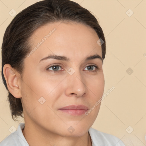 Neutral white young-adult female with short  brown hair and brown eyes