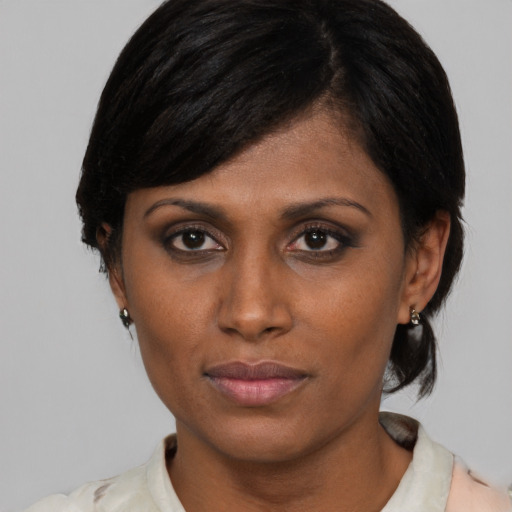 Neutral black young-adult female with medium  black hair and brown eyes