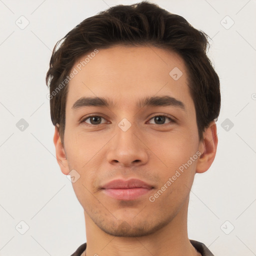 Neutral white young-adult male with short  brown hair and brown eyes