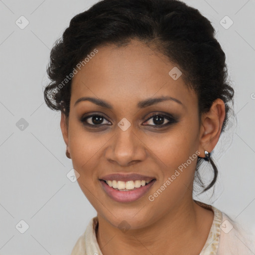 Joyful latino young-adult female with medium  brown hair and brown eyes