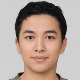 Neutral asian young-adult male with short  black hair and brown eyes