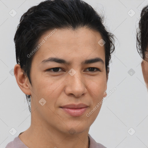 Joyful asian young-adult male with short  brown hair and brown eyes