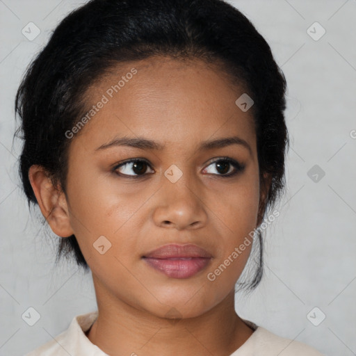 Joyful latino young-adult female with short  black hair and brown eyes