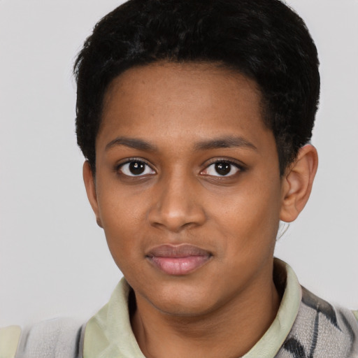 Neutral black young-adult female with short  black hair and brown eyes