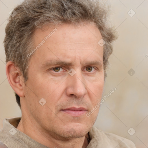 Neutral white middle-aged male with short  brown hair and brown eyes