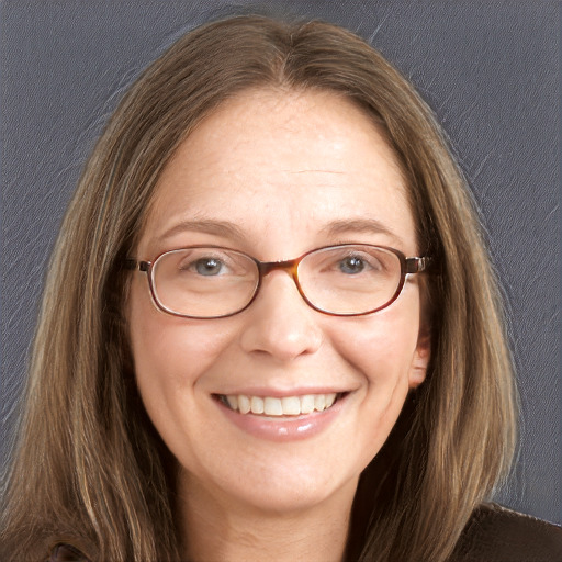 Joyful white adult female with long  brown hair and blue eyes