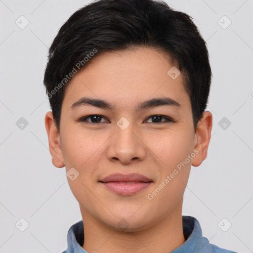 Joyful asian young-adult female with short  brown hair and brown eyes