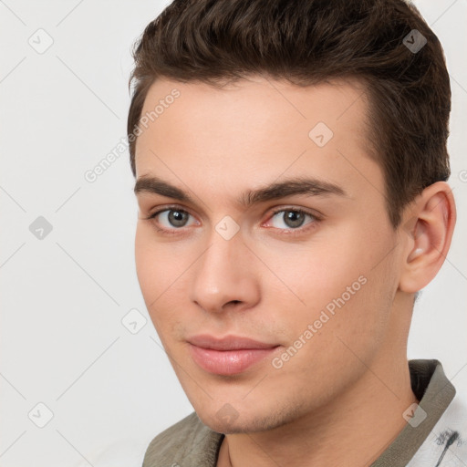 Neutral white young-adult male with short  brown hair and brown eyes