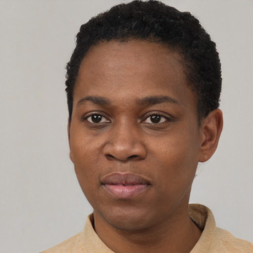 Joyful black young-adult female with short  black hair and brown eyes