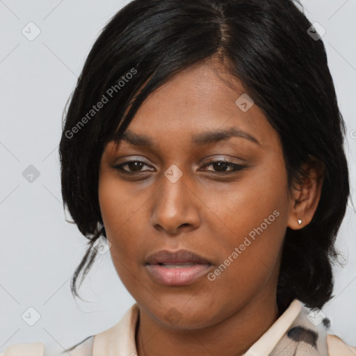 Neutral asian young-adult female with medium  brown hair and brown eyes