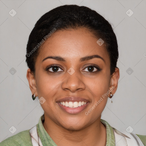 Joyful latino young-adult female with short  brown hair and brown eyes