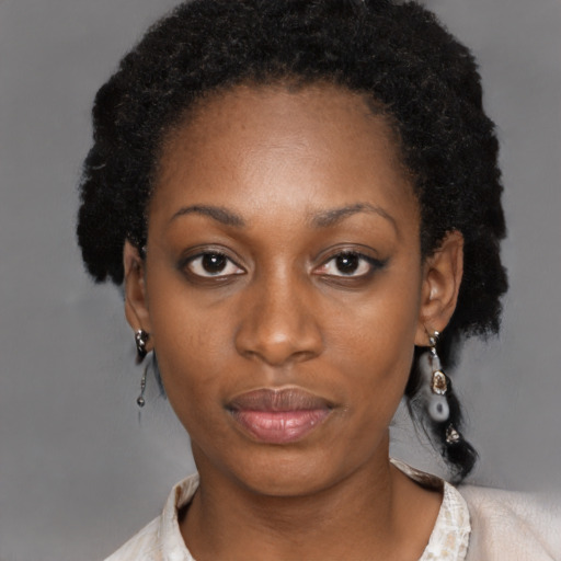 Neutral black young-adult female with short  black hair and brown eyes