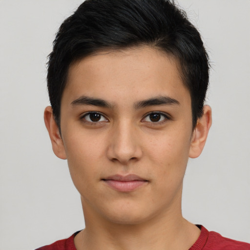 Neutral latino young-adult male with short  brown hair and brown eyes