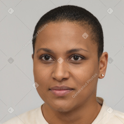 Joyful black young-adult female with short  black hair and brown eyes