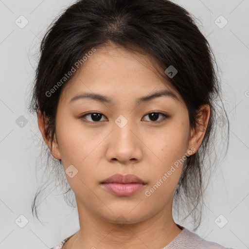 Neutral asian young-adult female with medium  brown hair and brown eyes