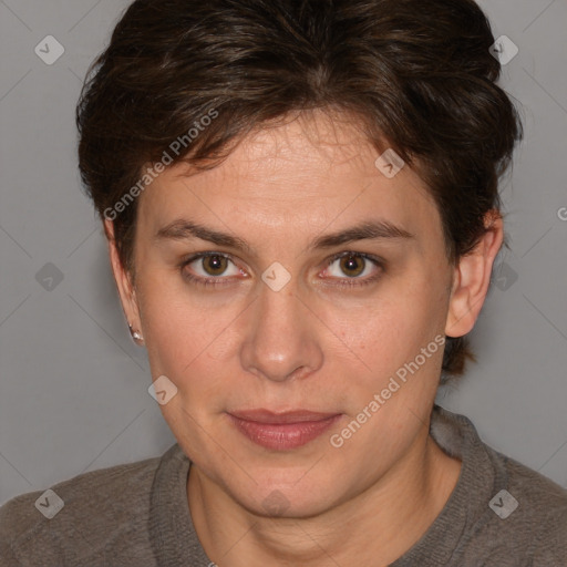 Joyful white adult female with short  brown hair and brown eyes