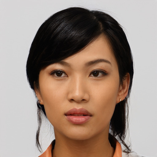 Neutral asian young-adult female with medium  black hair and brown eyes