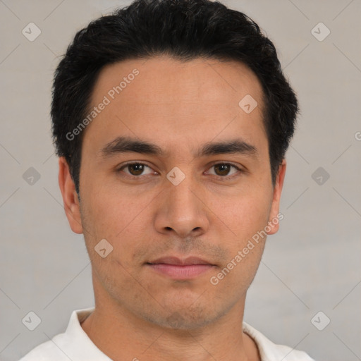 Neutral asian young-adult male with short  black hair and brown eyes