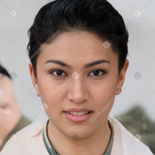 Joyful white young-adult female with short  brown hair and brown eyes