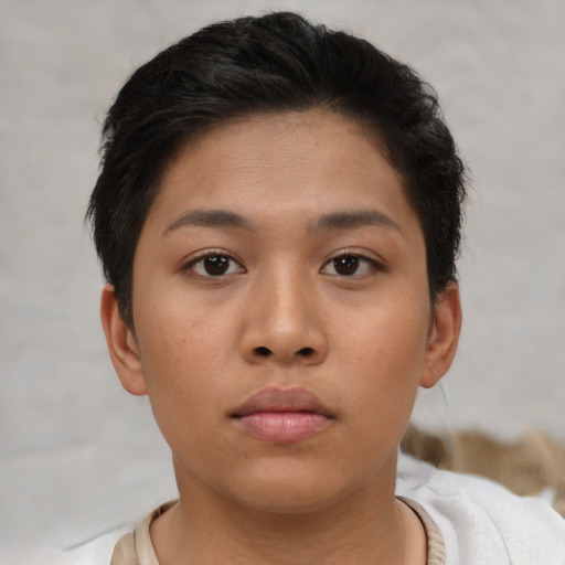 Neutral asian young-adult female with short  brown hair and brown eyes