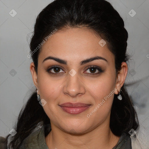 Joyful latino young-adult female with medium  brown hair and brown eyes