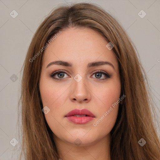 Neutral white young-adult female with long  brown hair and brown eyes