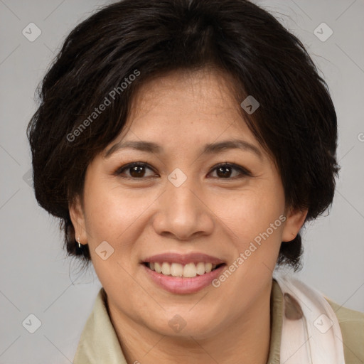 Joyful white adult female with medium  brown hair and brown eyes