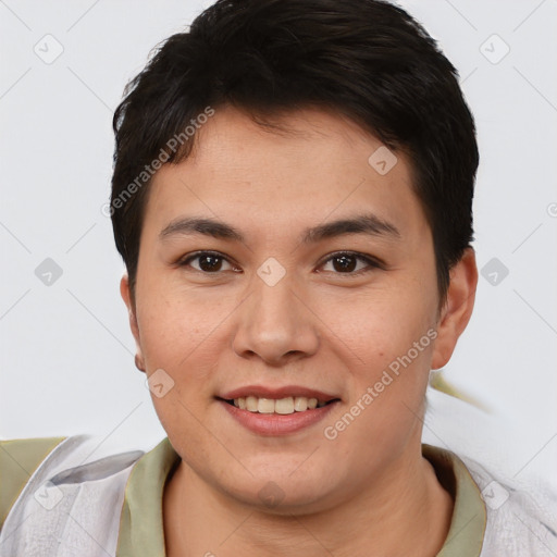 Joyful white young-adult female with short  brown hair and brown eyes