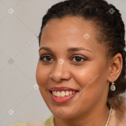 Joyful white young-adult female with short  brown hair and brown eyes