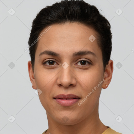 Joyful white young-adult female with short  brown hair and brown eyes