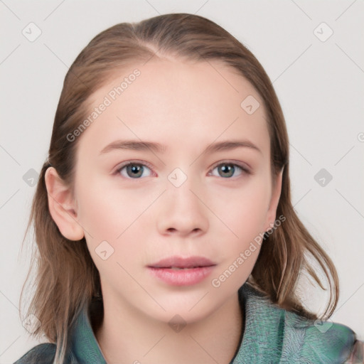 Neutral white young-adult female with medium  brown hair and grey eyes