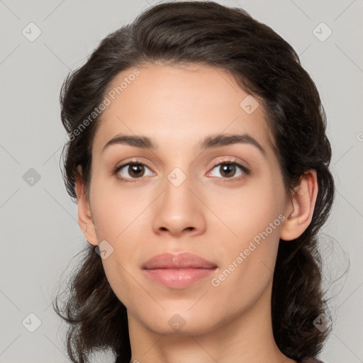 Neutral white young-adult female with medium  brown hair and brown eyes