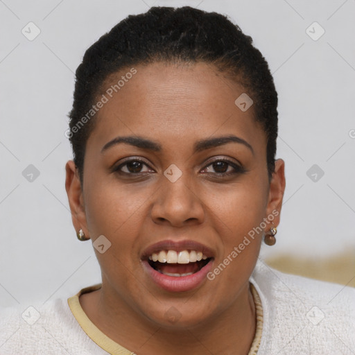 Joyful black young-adult female with short  brown hair and brown eyes