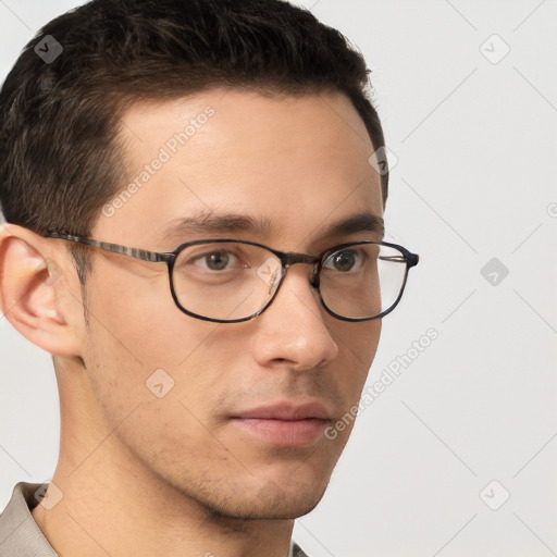 Neutral white young-adult male with short  brown hair and grey eyes