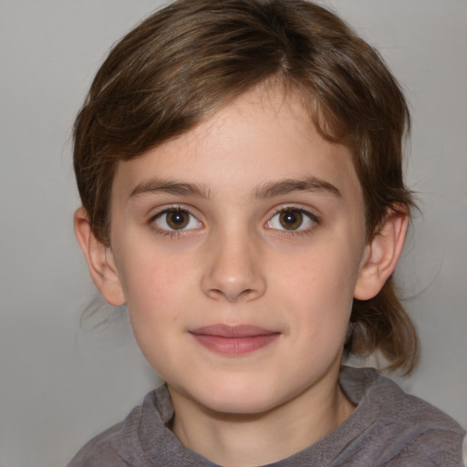 Neutral white child female with medium  brown hair and grey eyes