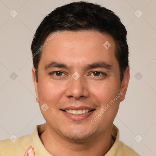 Joyful white young-adult male with short  brown hair and brown eyes