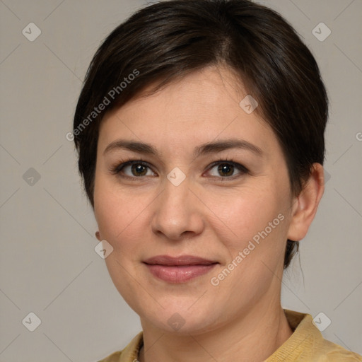 Joyful white young-adult female with medium  brown hair and brown eyes