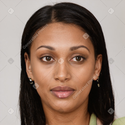 Joyful latino young-adult female with long  brown hair and brown eyes