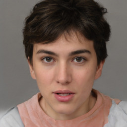 Neutral white young-adult female with short  brown hair and brown eyes