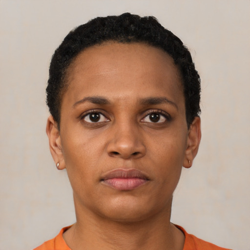 Neutral black young-adult female with short  black hair and brown eyes