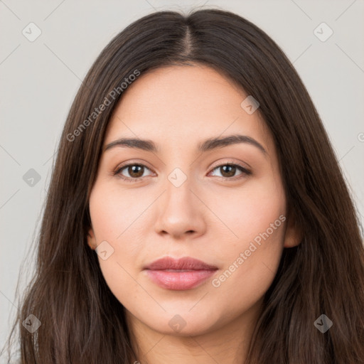 Neutral white young-adult female with long  brown hair and brown eyes