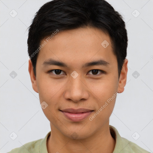 Joyful asian young-adult male with short  brown hair and brown eyes