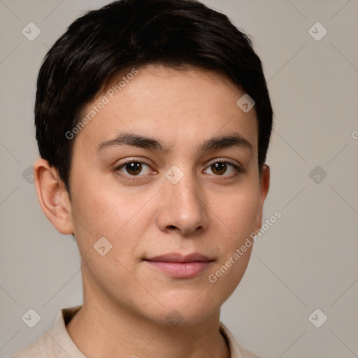 Joyful white young-adult female with short  brown hair and brown eyes